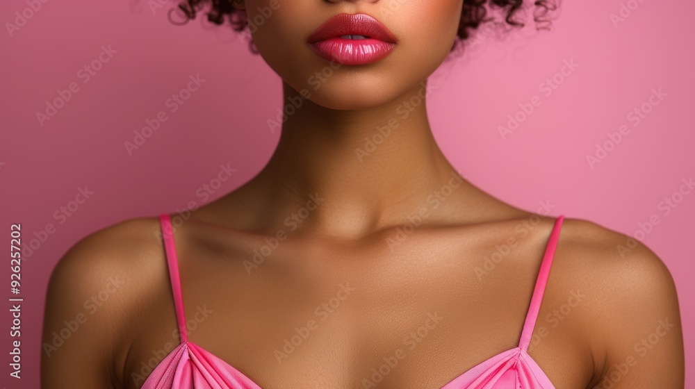 Young woman wearing a pink top poses against a soft pink background in a close-up portrait Young woman wearing a pink top poses against a soft pink background in a close-up portrait