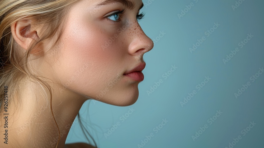 Naklejka premium Young woman with natural beauty poses in profile against a soft blue background