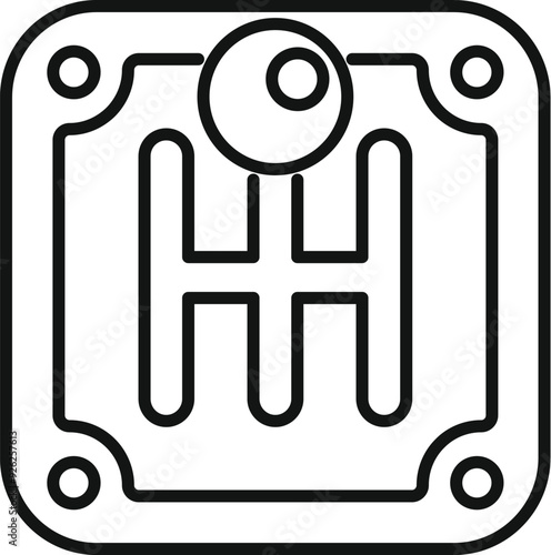 Simple black and white icon of a five speed car gear stick with reverse