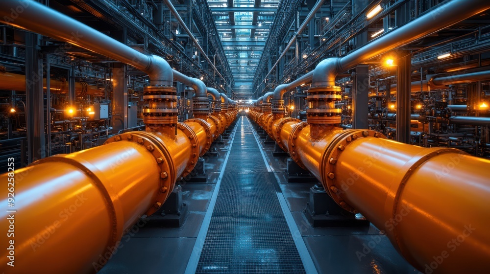 Long row of orange industrial pipelines in a factory with shiny metallic surfaces. Symmetrical perspective of pipes in an industrial setting, showcasing engineering and infrastructure. Long row of orange industrial pipelines in a factory with shiny metallic surfaces. Symmetrical perspective of pipes in an industrial setting, showcasing engineering and infrastructure.
