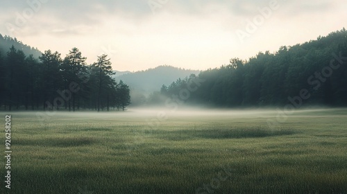 Misty Meadow Serenity: A tranquil, ethereal landscape unfolds, showcasing a misty meadow surrounded by dense, verdant forests, creating a serene and peaceful atmosphere. 