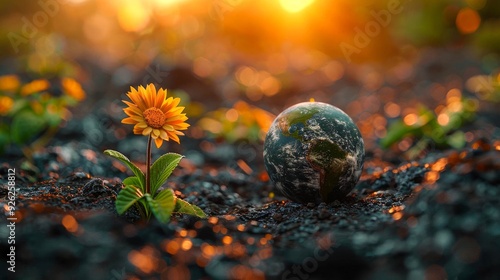 environmental problem in the world. a small, round planet on the earth next to an orange flower. mini planet, theme of naturalness and ecology. caring for the environment photo