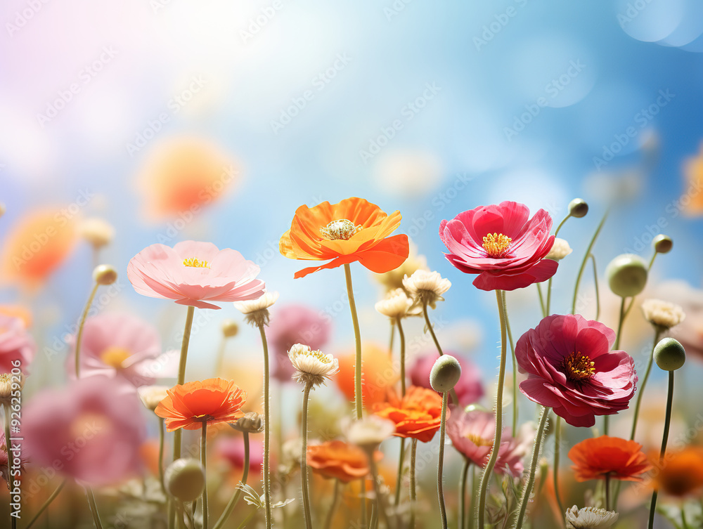 Fototapeta premium Sunny blue sky background butterflies flying above the grass and flowers illustration