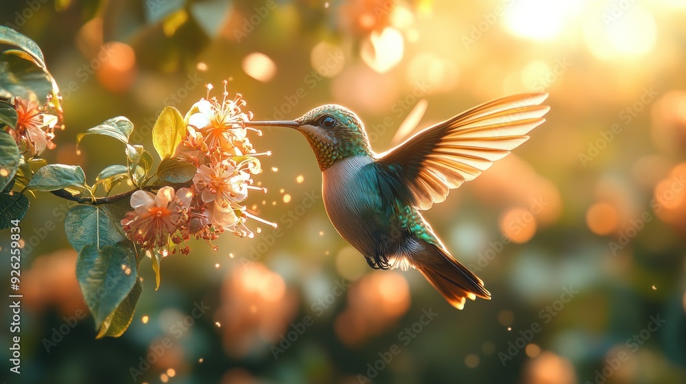 Obraz premium Hummingbird Feeding on a Flower at Sunset