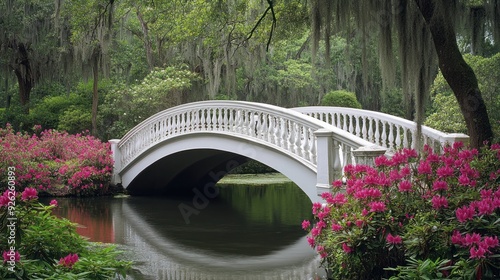 White Bridge in a Serene Garden photo