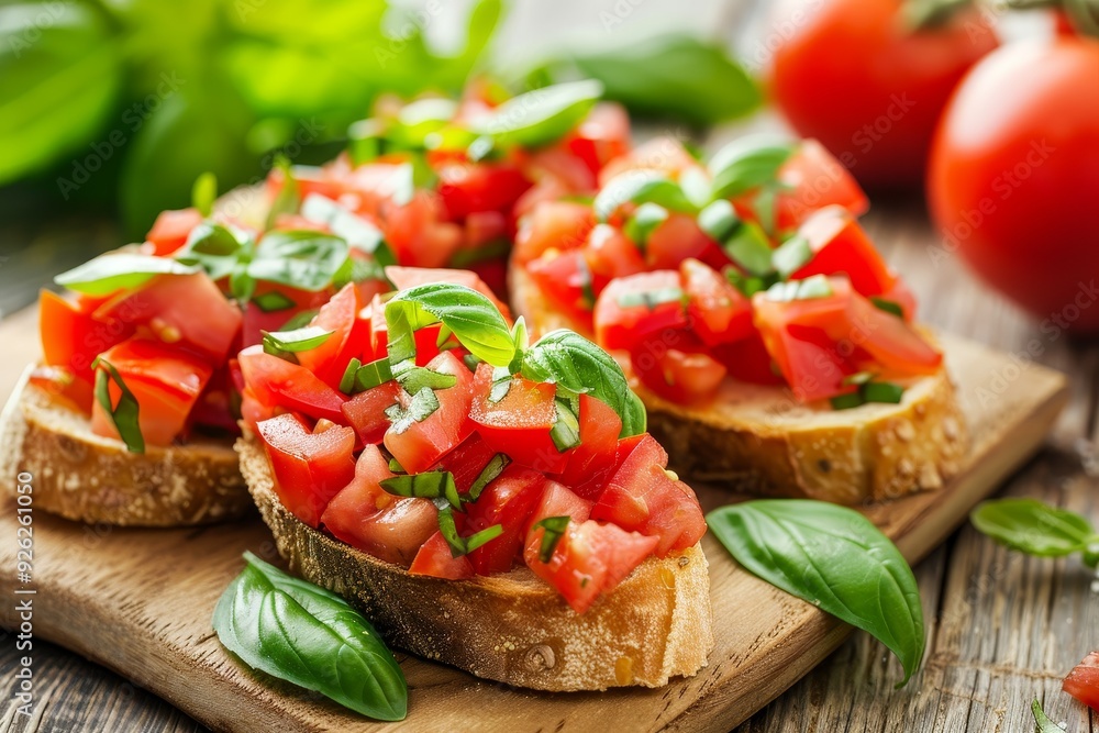 Close-Up Of Delicious Bruschetta With Fresh Tomatoes, Basil Leaves On Toasted Bread Slices. Close-Up Of Delicious Bruschetta With Fresh Tomatoes, Basil Leaves On Toasted Bread Slices.