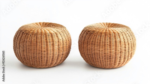 Stylish Wicker Poufs on White Background - Minimalist Home Decor Furnishings