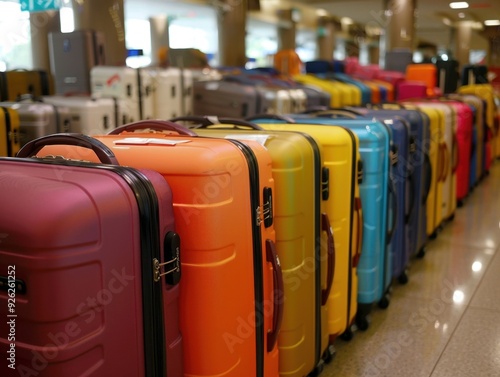 Colorful luggage lined up at an airport terminal during the busy travel season