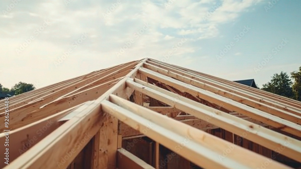 Obraz premium Roof Framing: A close-up shot showcasing the intricate construction of a wooden roof frame against a backdrop of blue sky and fluffy clouds. 