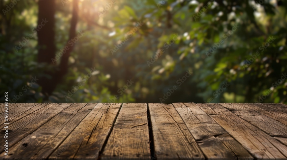 Blank wood surface, blurred scenery, diffused daylight, rustic appeal, smooth finish Blank wood surface, blurred scenery, diffused daylight, rustic appeal, smooth finish