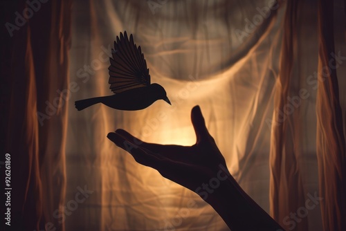 Hand Casting Shadow Puppet of Bird on Illuminated Canvas Background photo