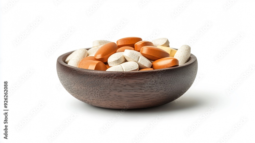 Vitamin Pills in Bowl on White Background for Health Supplements Vitamin Pills in Bowl on White Background for Health Supplements