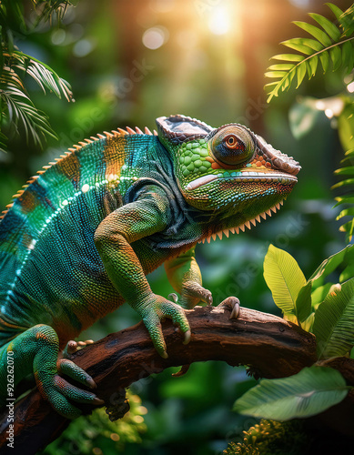 Vibrant chameleon perched on branch  surrounded by lush greenery. Generative AI