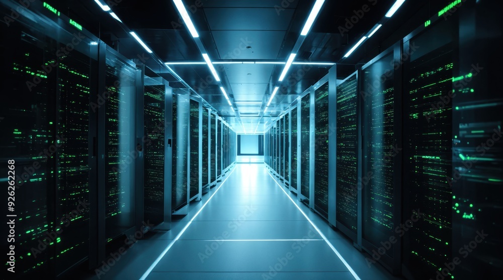 Modern data center hall with glowing servers and dynamic lighting effects 