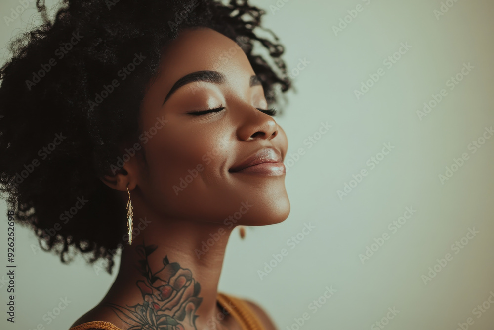A close up of a tattooed black woman's face with her eyes closed A close up of a tattooed black woman's face with her eyes closed