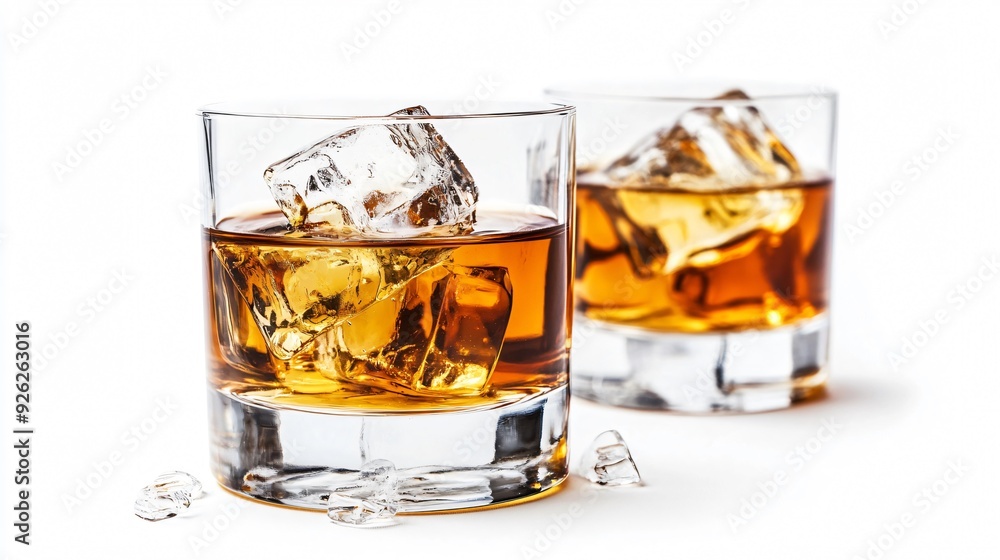 Whiskey Glasses Isolated on White Background with One Cool Glass of Ice Whiskey Glasses Isolated on White Background with One Cool Glass of Ice