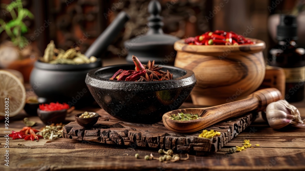 Aromatic Spices and Herbs in a Rustic Setting