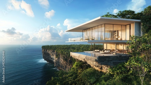 Modern house on cliff overlooking ocean.