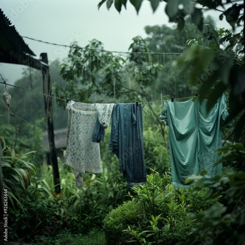 Clothes hanging to dry amidst lush greenery, reflecting simplicity and a blend of nature with everyday life on a rainy afternoon. photo