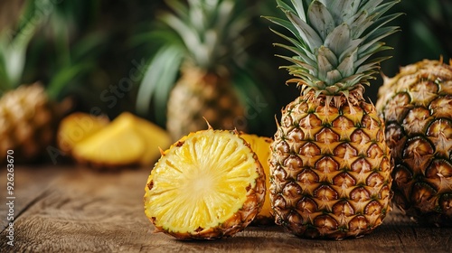 Fresh Whole and Cut Pineapples on Wooden Table Closeup photo