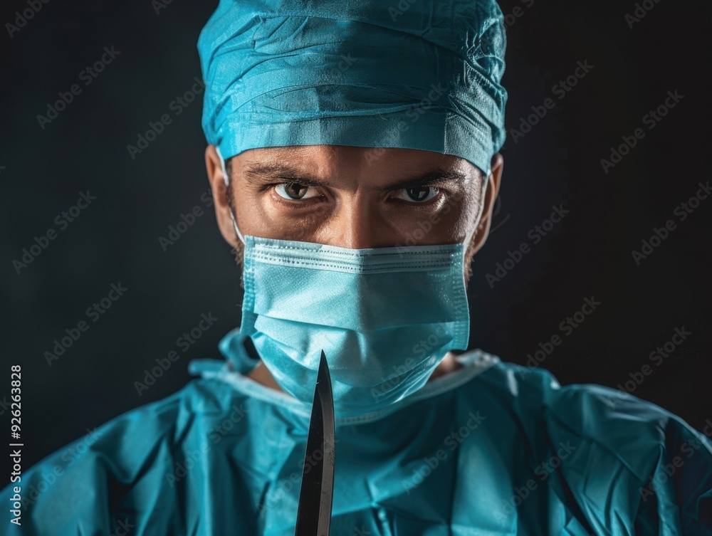 Surgeon in green scrubs holds a surgical instrument in a dimly lit operating room during a procedure Surgeon in green scrubs holds a surgical instrument in a dimly lit operating room during a procedure