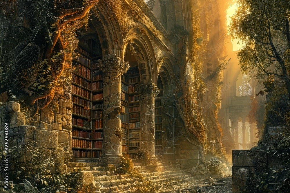 Enchanted Ancient Library Surrounded by Forest and Guardian Owls. Enchanted Ancient Library Surrounded by Forest and Guardian Owls.