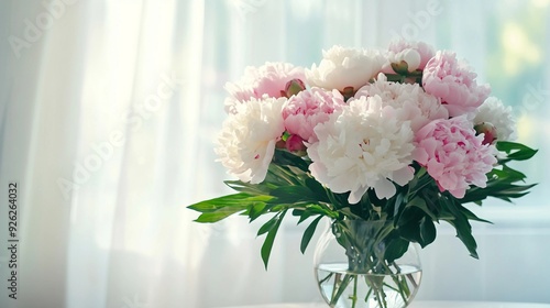 Elegant Peony Bouquet in Vase on Soft Pastel Background - Closeup Floral Arrangement