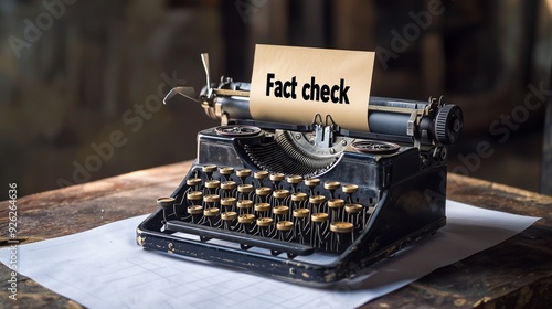 Vintage typewriter with 'fact check' paper symbolizes the importance of accuracy and ethics in journalism. photo