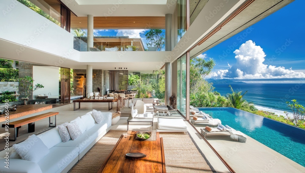 Fototapeta premium Modern living room with pool and ocean view.