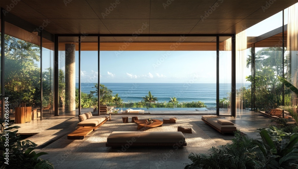Fototapeta premium Modern living space with ocean view and lush greenery.