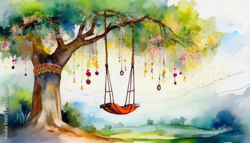 Watercolor illustration for the teej festival with a traditional swing hanging on tree. photo