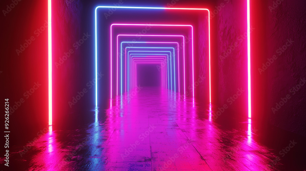 A long, narrow hallway with neon lights in the background A long, narrow hallway with neon lights in the background