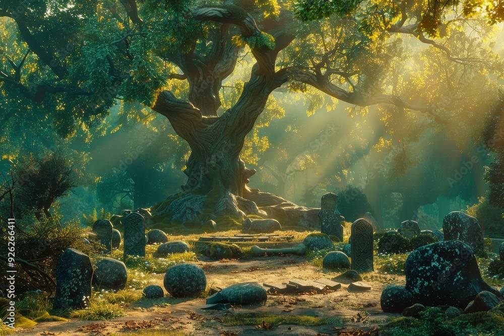 Mystical Forest Clearing Where Druids Conduct Ancient Rituals Beneath Tree. Mystical Forest Clearing Where Druids Conduct Ancient Rituals Beneath Tree.