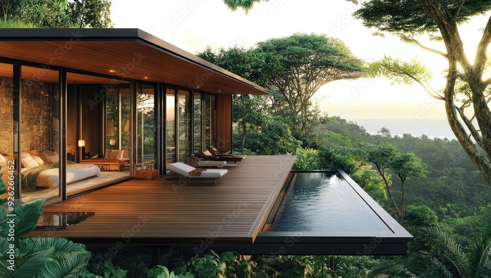 Modern house with pool overlooking jungle and sea. Modern house with pool overlooking jungle and sea.