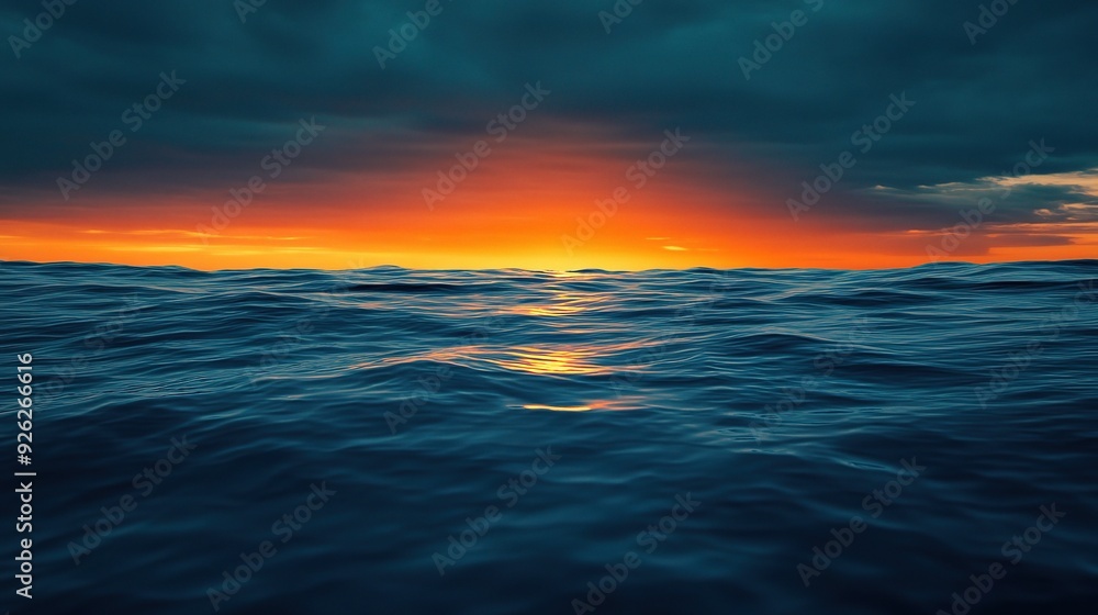 Obraz premium Fiery Sunset Over the Ocean: A dramatic and breathtaking sunset paints the sky with vibrant hues of orange and red