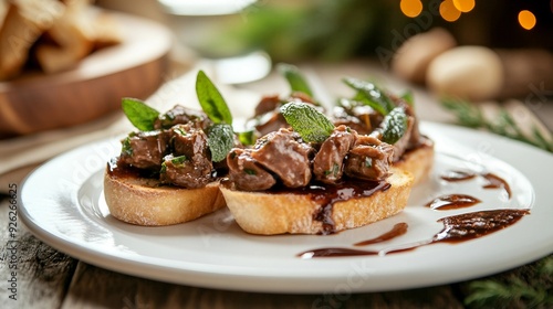 Savory Bruschetta Delight with Liver Pate on White Ceramic Plate, Selective Focus for Gourmet Dining Experience