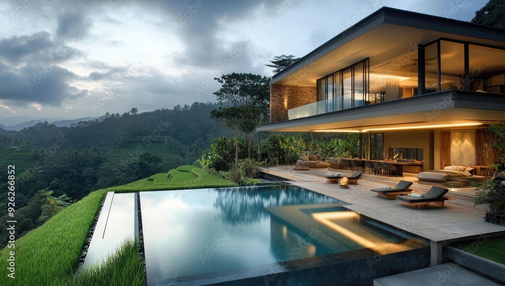 Fototapeta premium Modern house with infinity pool overlooking rice terraces.