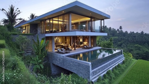 Modern villa with pool overlooking rice paddy.