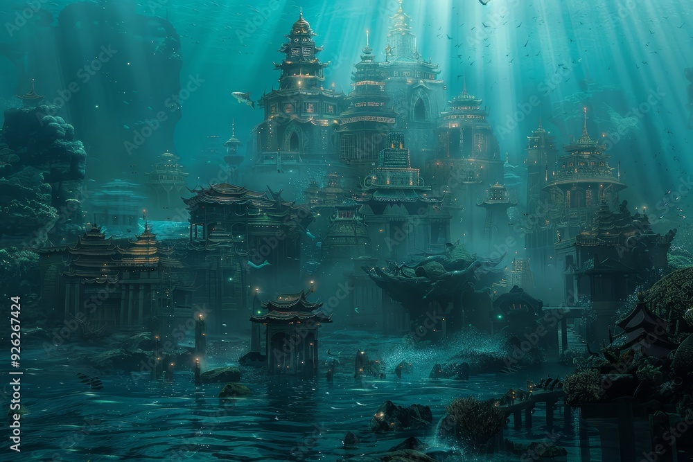 Mystical Underwater City with Mermaids and Sea Dragons Amid Glow. Mystical Underwater City with Mermaids and Sea Dragons Amid Glow.