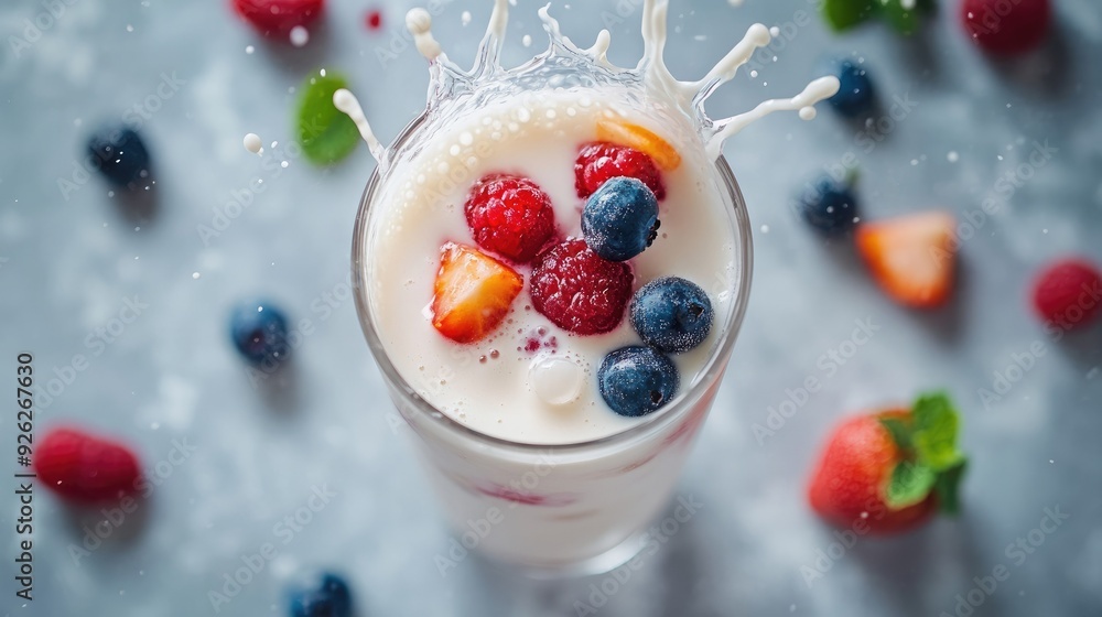 Mixed fruit flavored milk splashing into a glass, seen from above, with a clean backdrop perfect for adding text Mixed fruit flavored milk splashing into a glass, seen from above, with a clean backdrop perfect for adding text