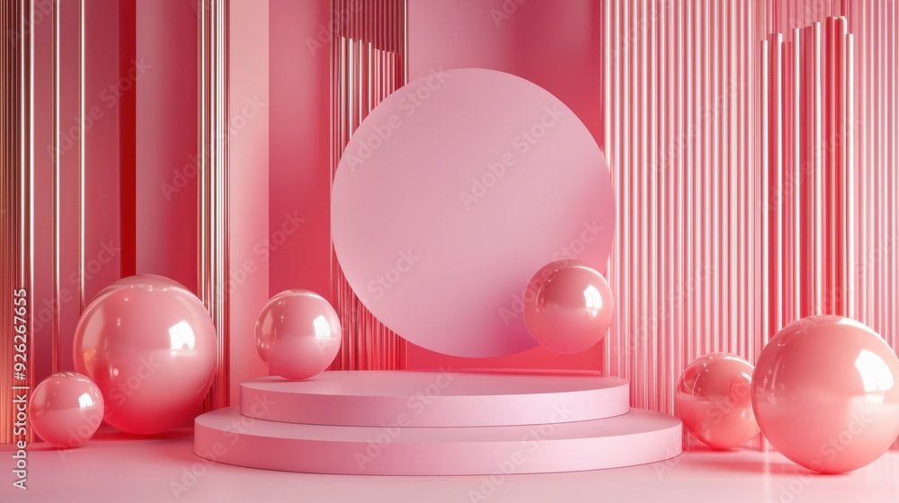 A pink room with a pink oval in the middle and pink balls surrounding it A pink room with a pink oval in the middle and pink balls surrounding it