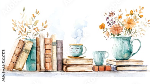 A charming watercolor illustration featuring books, a steaming cup, and floral arrangements, perfect for cozy decor.