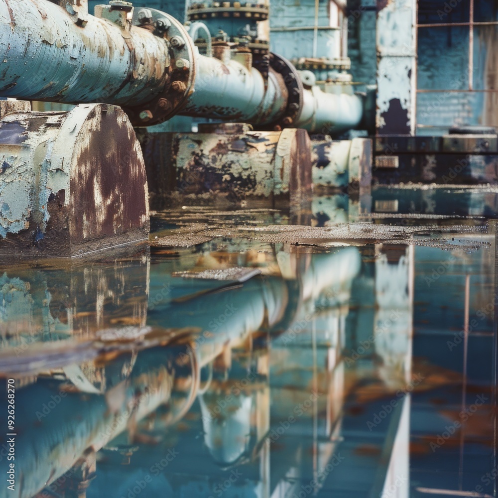 Rustic, abandoned industrial pipes line a neglected factory space reflected in murky puddles, suggesting themes of decay, industrial past, and urban exploration. Rustic, abandoned industrial pipes line a neglected factory space reflected in murky puddles, suggesting themes of decay, industrial past, and urban exploration.