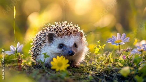 A small hedgehog with sharp quills stands amidst colorful forest flowers, embodying innocence and the enchanting beauty of wildlife in a natural environment.