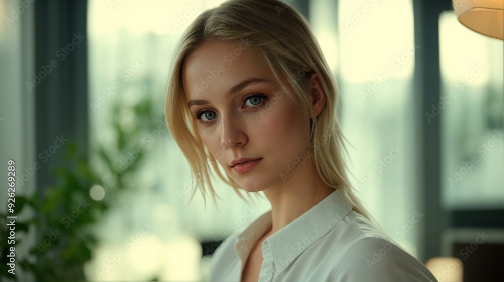 Peaceful woman with captivating blue eyes in gentle light Peaceful woman with captivating blue eyes in gentle light