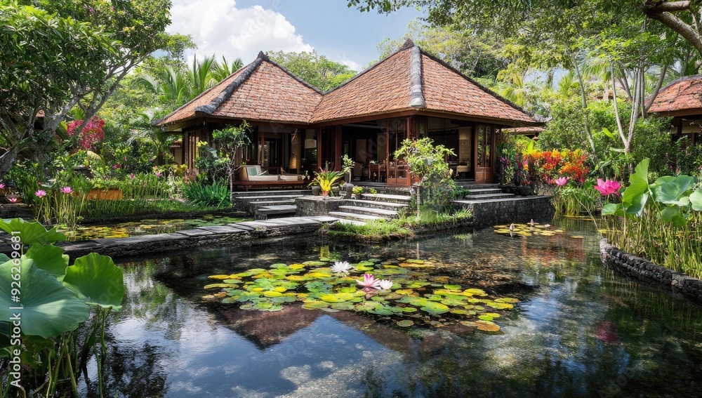Tropical bungalow with pond and lily pads. Tropical bungalow with pond and lily pads.