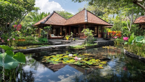 Tropical bungalow with pond and lily pads.