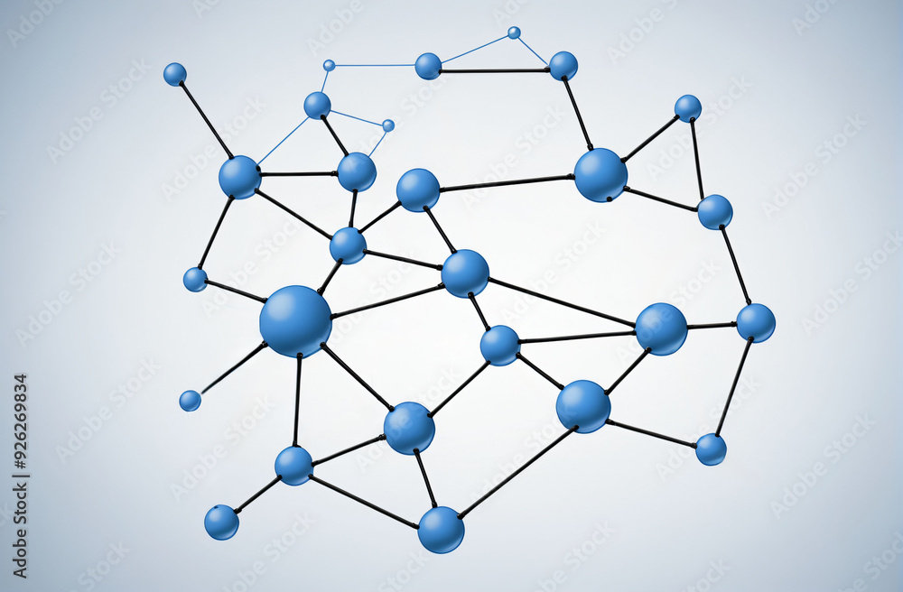 The concept of network topology, balls interconnected by lines, data transfer between molecules atoms, chemical molecular model The concept of network topology, balls interconnected by lines, data transfer between molecules atoms, chemical molecular model