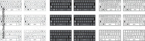 Set of smartphone keyboard in light, dark mode, keypad alphabet, numeral buttons in trendy modern flat, line style, mobile phone tab concepts for white, black color text app on transparent background.