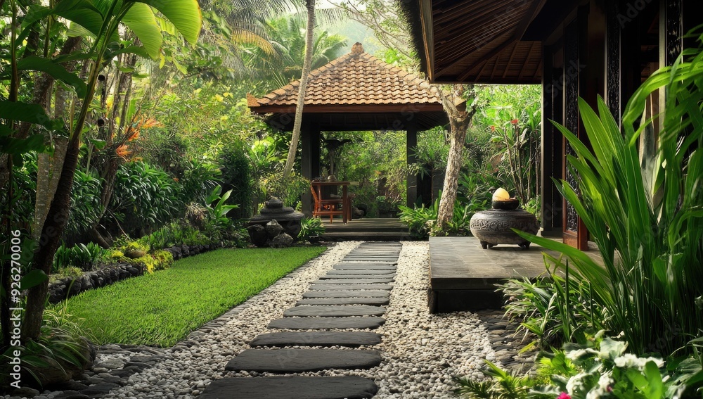 Stone path through a lush, tropical garden. Stone path through a lush, tropical garden.